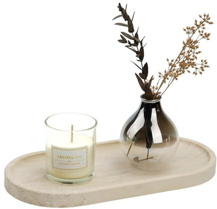 Koville Vassoio decorativo in marmo naturale italiano, 30,5 x 15,2 cm, in travertino beige chiaro, stile wabi sabi, per profumi, candele, gioielli