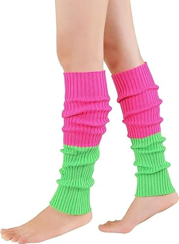 Durio Stulpen Damen Extra Warm Beinwärmer Winter Strick Häkelarbeit Legwarmers Verdicken Stricken Beinstulpen Damen Neon aerobic outfit 80er Ballett Yoga Stulpen Rosa und Grün Einheitsgröße