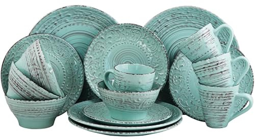 MyncbD Vaisselle en céramique Service de Vaisselle 16 pièces Waves en Turquoise