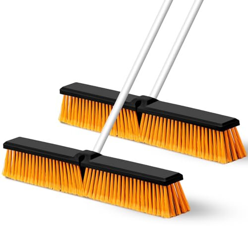 Suclain 2 Pcs Push Broom Outdoor Wide Heavy Duty Broom with Long Handle Stiff Bristles Concrete Brush Commercial for Cleaning Bathroom Kitchen Patio Garage Shop Deck Concrete Tile Floor (24 Inch)