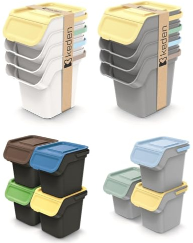 Sorting Waste Bin Set Recycling Segregation Stackable Lidded Handle 3 Colours Black Grey Ashen Flap Lid CARBON FILTER 20L 25L (3 x 25 Litre bins White)