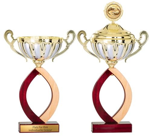 eberin · Premium Pokal Woody Gold/Silber/Holz · ausgefallener Cup Pokal mit Deckel 42cm / ohne Deckel 32cm · Holzpokal · Pokal personalisierbar · (MIT Deckel)