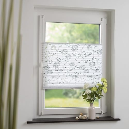 Klemmfix-Plissee mit ausgebranntem Blumen-Motiv, halbtransparent, ohne Bohren oder Schrauben, inkl. Klemmträger, Breite: 110 cm/Länge: 130 cm, Farbe: weiß