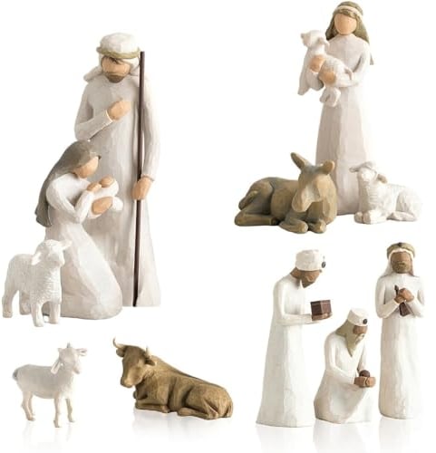 CaMobwos 10-teiliges Krippenset Born Scene Willow-Tree Figur, Weihnachtskrippe Mit Figuren, Figuren Krippe Harz, Figuren Weihnachtskrippe