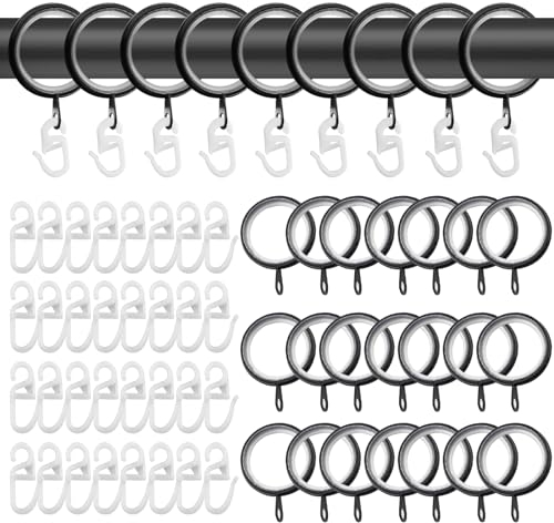 TOKSEO 40 Gardinenringe und 40 Kunststoff Gardinenhaken, Gardinen Ringe Schwarz Metall Vorhangringe mit Gleiteinlage für Fenstervorhang Bettvorhang Duschvorhang(27mm Innendurchmesser)