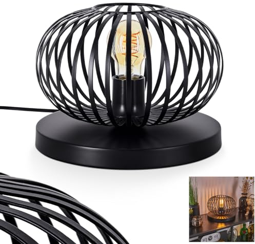 Tischleuchte Oravi, Tischlampe aus Metall in Schwarz, Leuchte im modernen Retro/Vintage-Design mit Schirm in Gitter-Optik (Ø 25 cm), Lichteffekt u. An/-Auschalter am Kabel, 1 x E27, ohne Leuchtmittel