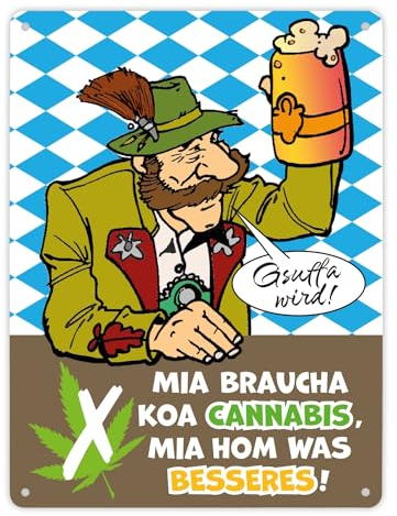 Bier statt Gras Biertrinker Metallschild XL in 21x28 cm mit Spruch Gsuffa wird! Cannabis Adieu Bayer mit Maßkrug Bier vs Joint Weed Legalisierung unnötig