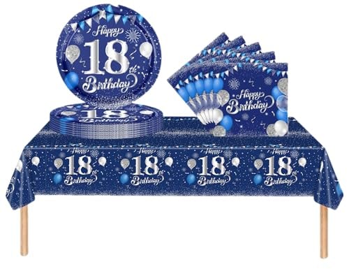 COSORO 37 pièces Ensemble de Vaisselle Bleu Marine Joyeux Anniversaire pour 18 Ans, Nappes Assiettes en Papier et Serviettes Décoration de Table Decor Fête d'anniversaire pour 18 Ans Garçon Fille