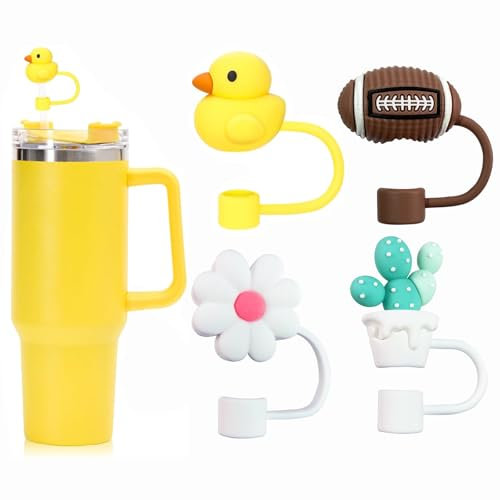 Epehio Stanley Cup Straw Cover Toppers, Silicone Stanley Cup Accessories, 10mm Dust-Proof Straw Tip, Reusable Straw Cap for 30/40Oz (Duck Flower Cactus Rugby)