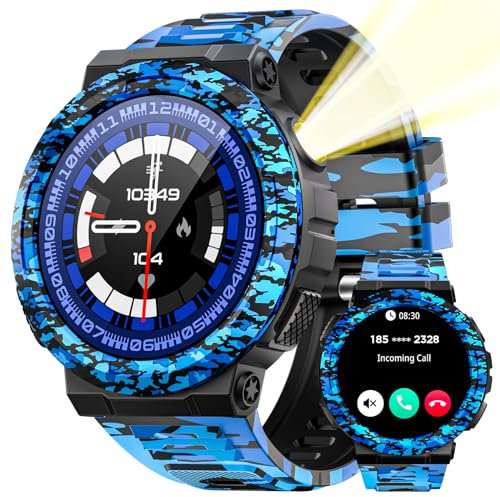 JELLOO Militär-Smartwatch für Herren (Annehmen/Tätigen von Anrufen), 3 ATM wasserdicht, LED-Taschenlampe, über 100 Sport-Modi, taktische Smartwatch mit Herzfrequenz-SpO2-Schlafmonitor für iOS und