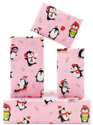 Weihnachts Geschenkpapier, Rosa Weihnachts-Pinguin-Geschenkpapier, 4 Gefaltete Blätter 50 x 70 cm, Pinguin-Weihnachtspapier für Neujahr, Weihnachten, Winterferien