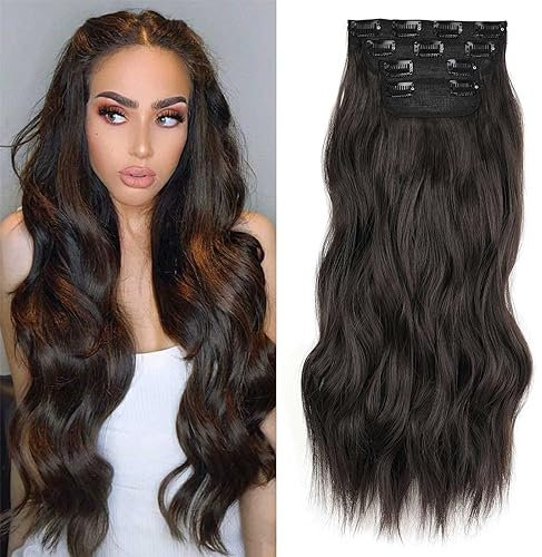 Xtrend 20 Zoll lange Locken-Haarextensionen Clip-in Synthetic Hair für Frauen und Mädchen - 4-teiliges Set für volle Haare - dicke lockige synthetische Haarextensionen (Dunkles Braun)