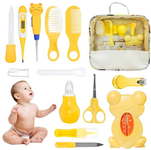 Babypflege Set, HyAdierTech Baby Erstausstattung Pflegeset, 12Pcs Baby Healthcare Kit, Babypflegeset, Badethermometer Nasensauger Kamm Nagelschere Baby Erstausstattung Pflegeset (Yellow)