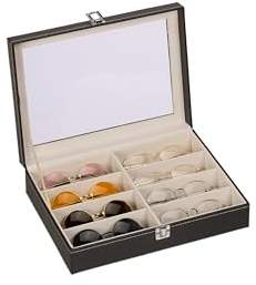 Relaxdays Brillenbox, 8 Brillen, Lederoptik, Samtbezug, Glasfenster, HxBxT: 8,5 x 33,5 x 24,5 cm, Brillenkoffer, schwarz