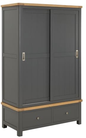 The Furniture Market Marbury Slate Grey | Painted Double Wardrobe | Sliding Door Wooden Wardrobe | Full-Length Hanging Rail & Storage Drawers | Classic Country Style | H 1910mm x W 1190mm x D 570mm