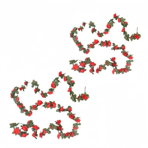 2 Pcs Artificial Flower Hanging Rose Garlands Fake Rose Vine Flowers Plants DIY Wreath for Garden Craft Art Decor Home Wedding Party 8.2ft/2.5m (Deep red)