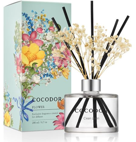 COCODOR Flower Reed Diffuser Set / 200ml / Clean Linen/Scent Diffuser with Sticks Home Fragrance