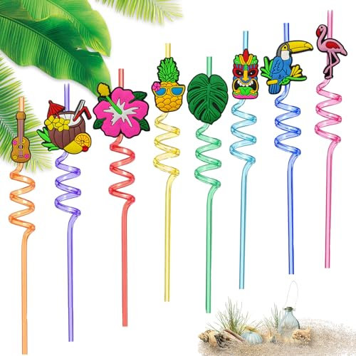 CutitiUU 8 Pcs Summer Beach Theme Straw,Reusable Drinking Straws Plastic Novelty Straws, Hawaiian Reusable Plastic Straws,Multi-Color Cartoon Design,Party Decorations Birthday Decorations (B)