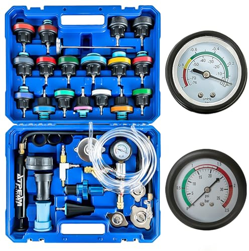 ATPEAM Kit Testeur de Liquide de Refroidissement 34 Pièces | Testeur de Pression Radiateur Universel avec Pompe Manuelle et Adaptateurs pour Voitures, Motos et Camions