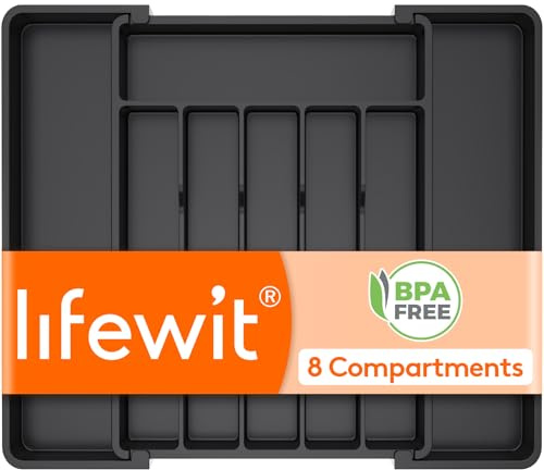 Lifewit Cutlery Drawer Organiser, Extendable Cutlery Tray, 8 Compartments, Kitchen Drawer Organiser Utensil Spoons Forks Knives, Medium, Black
