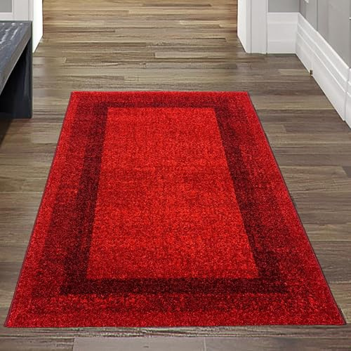 Teppich-Traum Teppich Kurzflor Flur Küche Läufer modern Vintage weich flachflor strukturiert mit Bordüre für Wohnbereich Esszimmer Flur pflegeleicht Oeko-TEX Zertifiziert Rot 80 x 150 cm