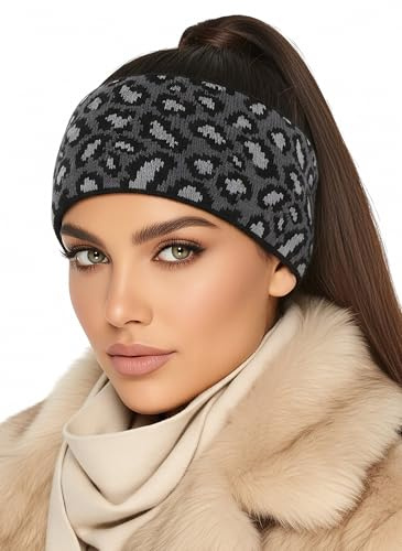Baesics Stirnband Leo Damen Anthrazit - Winter Ohrenwärmer warm gefüttert | Animal Print Leopardenmuster mit Fleece-Innenfutter, dehnbar, 48-58 cm, Unisex für Damen und Herren. Für Sport und Alltag