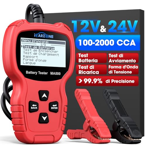 ICARZONE MA500 Auto Batterietester 12V/24V 100-2000CCA Spannungstester 9V - 30V Batterie Testgerät mit Entlade-, Start- und Ladetest für Auto, LKW, Motorrad, Boot, Wohnmobil, ATV, Yacht