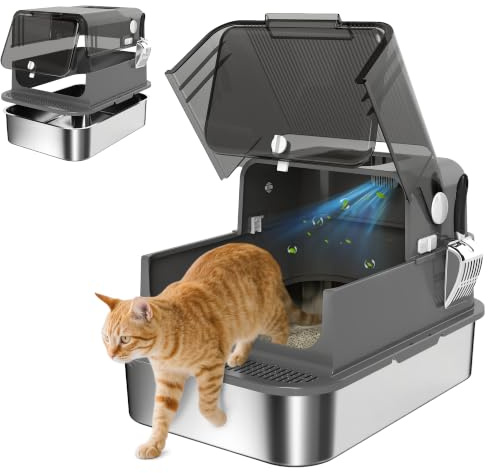 PawHut Katzenklo XXL Edelstahl mit Deckel 52L für große Katzen Schwarz | Katzentoilette für Mehrere Katzen, mit Doppeltüren, Schaufel, Hoher Ränder, Leicht zu Reinigen, Anti-Leck, Geruchsresistent
