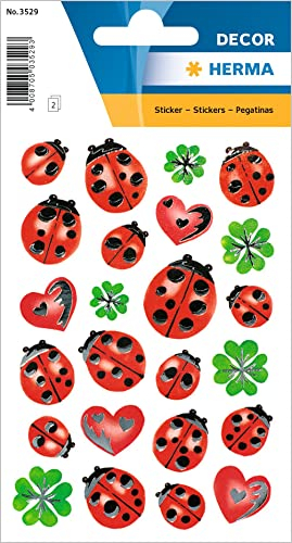 HERMA 3529 Aufkleber Marienkäfer Glück klein, 48 Stück, Ladybug Sticker mit Silberprägung, Kleeblatt Etiketten für Fotoalbum Hochzeit Tagebuch Poesiealbum Scrapbooking Liebe Dekoration Briefe Basteln