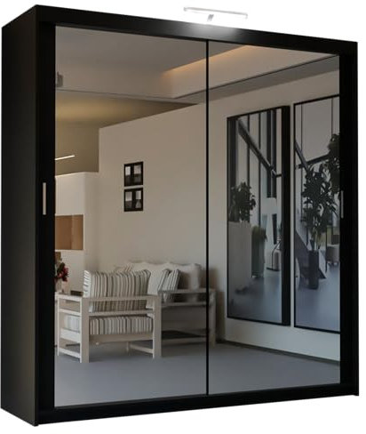 SLIDING WARDROBE 4U Mirror Sliding 2 or 3 Door Wardrobe with LED Light 90cm/120cm/150cm/180cm/203cm/250cm White-Black-Grey-Walnut-Wenge-Oak (Black 180 cm)
