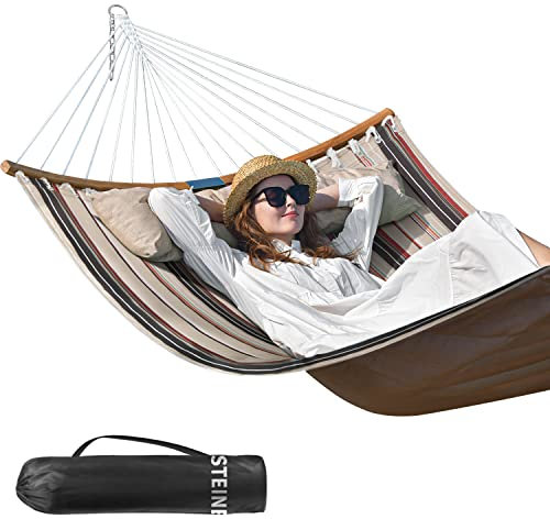 Bathonly Große Outdoor Hängematte für 2 Personen, 3m doppelhängematte, Gesteppte Stoffschaukel mit Faltbarer, gebogener Stange, abnehmbarem Kissen, Tragetasche, bis 204 kg belastbar, Havanna Braun
