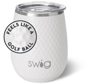 Swig Life Tasse à vin isotherme sans pied avec couvercle, 414 ml, verre à vin isotherme réutilisable, verre à vin isotherme avec couvercle, 414 ml (balle de golf)