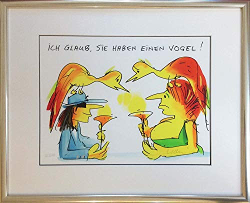 Kunstverlag Christoph Falk Ich glaub, Sie haben einen Vogel - Udo Lindenberg Bild - handsignierte Auflage original Grafik im silberfarbenem Rahmen hinter Museumsglas. Likörell. Siebdruck.