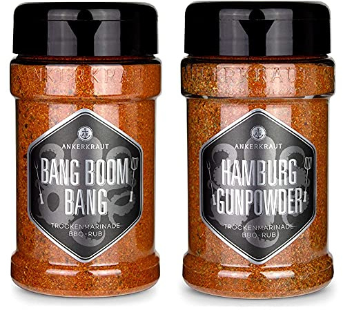 Ankerkraut Bang Boom Bang, 210g im Streuer, Scharfer Spicy BBQ Rub, Gewürzzubereitung für Fleisch & Hamburg Gunpowder, 200g im Streuer, Gewürzmischung Universalgewürz zum Zubereiten von Fleisch
