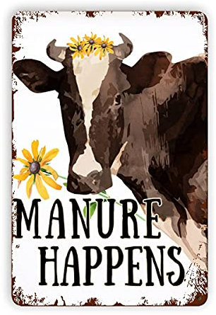 Cartel de metal con diseño de vaca con flores de vaca y estiércol de vaca, estilo retro, 40 x 30 cm