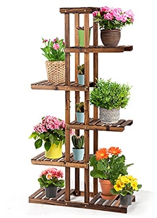 RELAX4LIFE Blumenständer Holz, Pflanzenständer 6 Ebenen, freisthendes Pflanzenregal für Wohnzimmer & Balkon & Garten, Blumenregal mit karbonisierter Textur, bis zu 60 kg belastbar (75 x 25 x 140 cm)