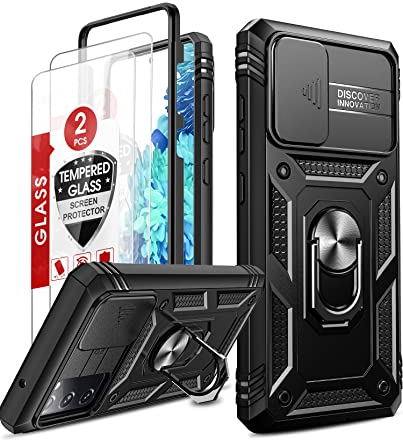 LeYi Funda para Samsung Galaxy S20 FE 4G / S20 FE 5G con 2 Unidades Cristal Vidrio Templado, Carcasa Cubierta de cámara Deslizante Proteger con 360 Anillo Soporte PC y Silicona TPU, Negro