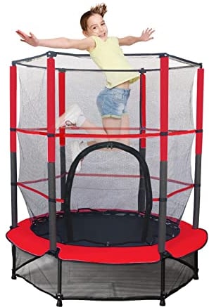 Kinder Trampolin 140 cm,Kinder Trampolin Indoor mit Sicherheitsnetz,und Rahmenabdeckung|Eingebauter Reißverschluss,Strapazierfähiges Stahlrahmen Outdoor Trampolin für Kinder ab 3 Jahre (rot)