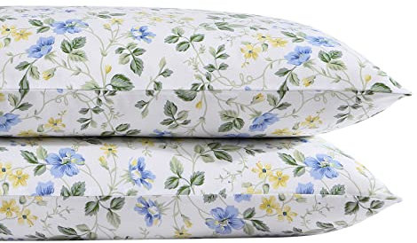 Laura Ashley Home - Standard-Kissenbezug-Set, Baumwoll-Satin-Bettwäsche, glatt und knitterarm (Wiesenblumen-Blau/Gelb, 2-teilig)