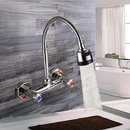 KOLHGNSE Grifo mezclador de rotación de 360°, grifo de cocina, montaje en pared, grifo de agua fría y caliente, grifo de cocina, fregadero de dos manijas, cromo