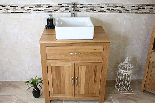 Wooden Bathroom Vanity with Sink - Natural Oak Bathroom Sink Cabinet Wash Basin with Oak Top - Single Vanity Unit with Chromed Mixer Tap - Square Bowl (502CBC)
