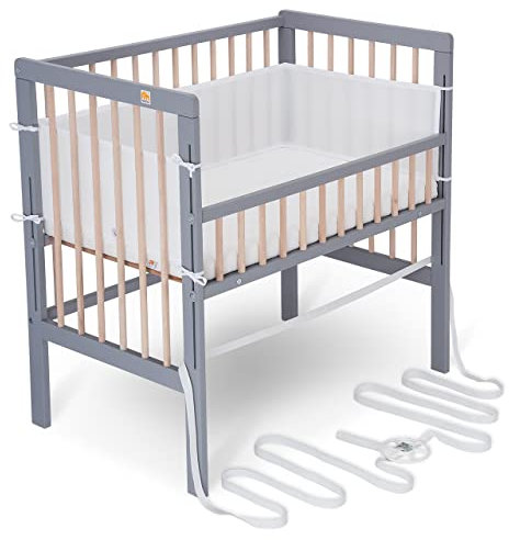 FabiMax Baby Beistellbett für Boxspringbett, TÜV geprüft 2022, inkl. Matratze und Nestchen aus Netzstoff, Buche massiv grau/Natur, Comfort/weiß