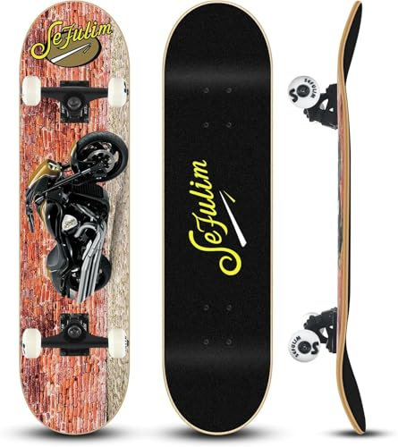 Sefulim 78,9 x 20,3 cm komplettes Skateboard, 7-lagig, kanadischer Ahorn, Doppel-Kick-Deck-Skateboard für Jungen, Mädchen, Teenager, Erwachsene, Anfänger