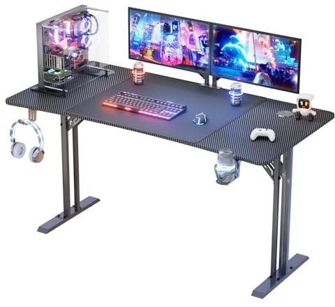 DLONGONE Gaming Desk 160 × 70 cm, Home Office Gamer Desk, Computer Table with Carbon Fiber Desktop, Ergonomic Office Workstation with Mouse Pad, Cup Holder & Headphone Hook, Black