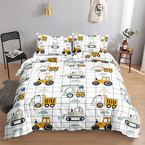 HOSIMA Bettbezug-Set für Jungen und Kinder, Cartoon-Fahrzeug, Bagger, Traktor, Druck, Bettbezug mit 2 Kissenbezügen (Bauwagen S)
