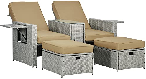 Outsunny 5PC PE Rattan Sun Lounger, Outdoor Wicker 5-level Adjustable Recliner Sofa Bed with Storage Side Table and Footstools, for Patio, Garden, Poolside, Beige