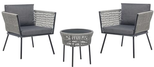 Stilvolles Balkonset 2 Stühle Couchtisch Rattan grau mit Auflagen Gargano