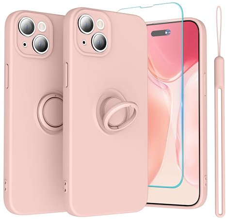 Abitku Ring Kickstand Case for iPhone 15 (6.1 inch), Support Magnetic Car Mount (with Strap Rope) Women Girl Silicone Cover Case for iPhone 15 2023, Army Green (Pink)