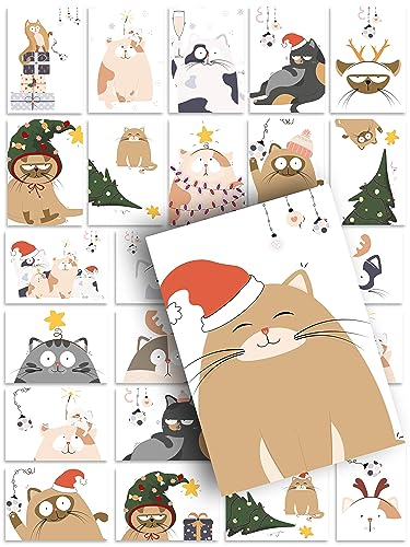 Weihnachtskarten 24 Stück Postkarten Katzen lustig frech süß niedlich Illustration Weihnachtspostkarten Weihnachten Xmas Funny Cats Kitten Kitty Set Mix Geschenk Grußkarte Geschenkkarte Katze Tiere