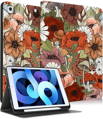 Pegmode Funda para iPad de 9ª, 8ª y 7ª generación, diseño de flores femeninas, Kawaii, adolescentes, hongos, con soporte para lápices, funda inteligente para Apple iPad 9/8/7 Gen A2602 A2270 A2197